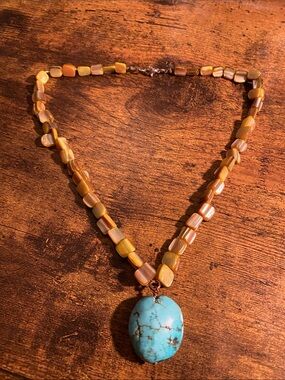 Handmade Turquoise Pendant Necklace with Warm Yellow Beads